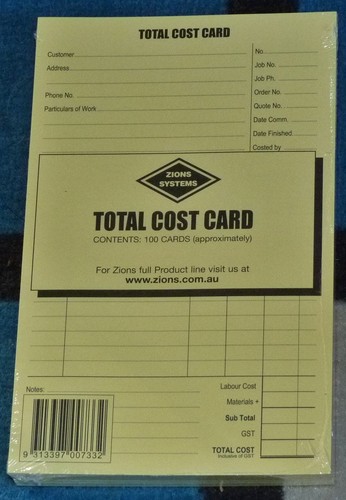 Record Card Zions Total Cost Card PACK 100 TCC 125mm x 205mm