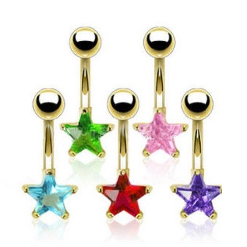GOLD-TONE STEEL CZ GEM STAR BELLY NAVEL RING BUTTON PIERCING JEWELRY B683