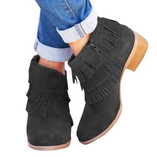 Women Low Mid Block Heel Ankle Boots Ladies Tassel Chunky Booties Slip On Shoes 