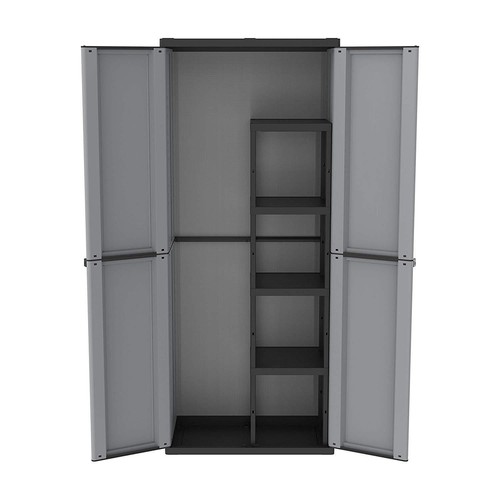 Plastic Garden Storage Cupboard Two 2 Door Wardrobe Broom 4 Shelves Grey Shed