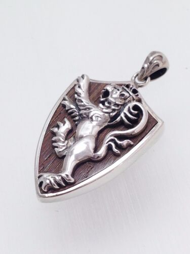 925 Sterling Silver Wood Shield Armour Lion Wings Pendant Necklace Men Jewelry 