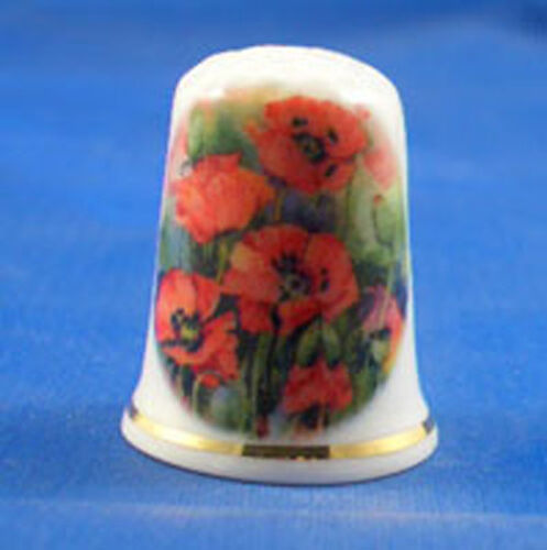 Birchcroft China Thimble Free Dome Box Flowers Red Poppies 