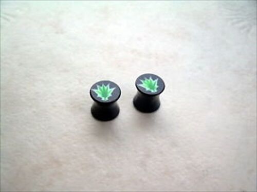 PAIR Pot Leaf Marijuana Green Black Acrylic Double Flare Ear Saddle Plugs Gauges