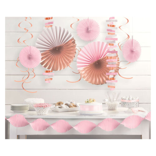 14 Piece Rose Gold /& Blush Pink Paper Party Decoration Kit Garlands Fans Swirls