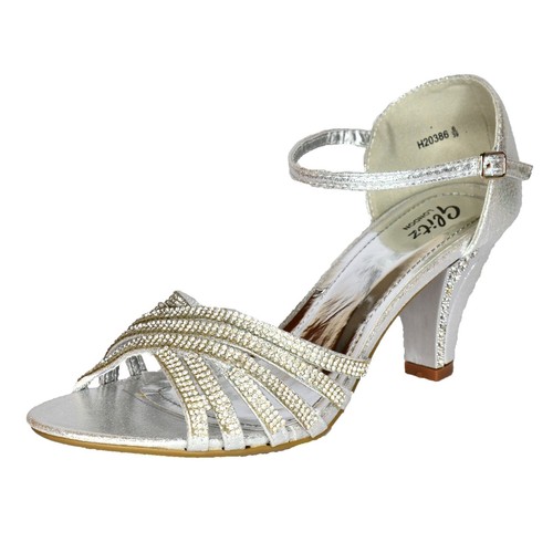 Mujeres Diamante Tacón Bajo Medio Gatito Zapatos Con Tiras Peep Toe Noche de baile de tamaño