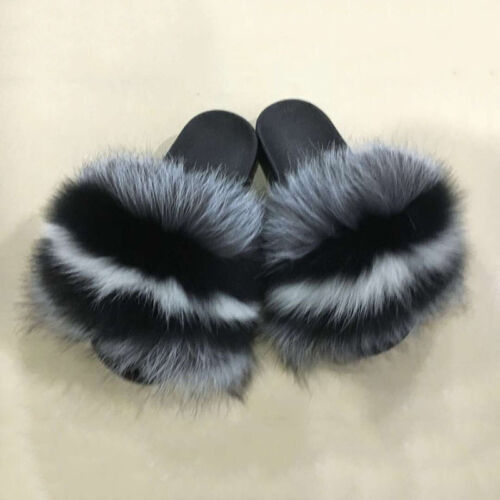 Colorful Real Fox/Raccoon Fur Sliders Slipper Women Summer Shoes Sandals Fluffy 
