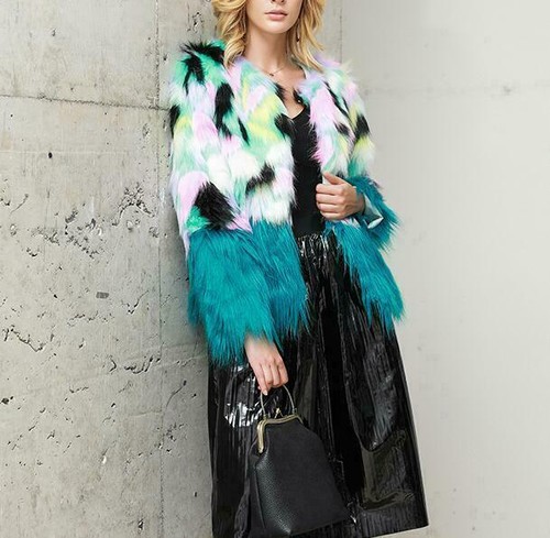 Womens Plush Multi-color Faux Fox Fur Jacket Outwear Stitched Coat Loose Parka