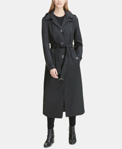 Womens DKNY Belted Maxi Rain Coat Medium Black