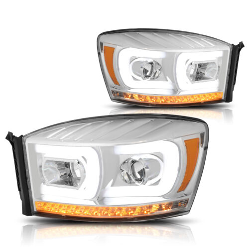 For 06-09 Ram C-Bar LED DRL+Chasing Signal Lamp Projector Headlight Chrome/Amber 