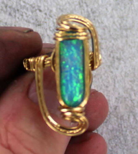 Man made opal Cabochon Opal  Ring 14kt Rolled Gold Setting =  Wire Wrapped