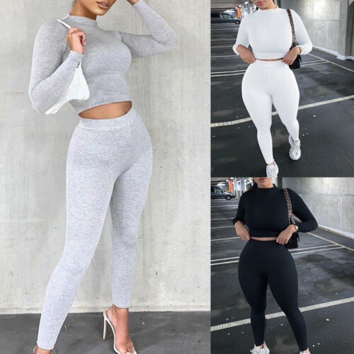 ❤️ 2Pcs Womens Tracksuit Crop Top Pants Set Casual Slim Fit Yoga Gym Sports Suit
