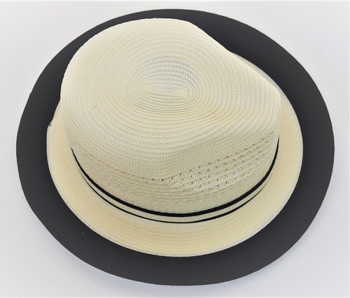 Mens Fedora Dress Casual Hat Summer Straw Ivory//Navy Blue 100/% Poly Braid DT-932