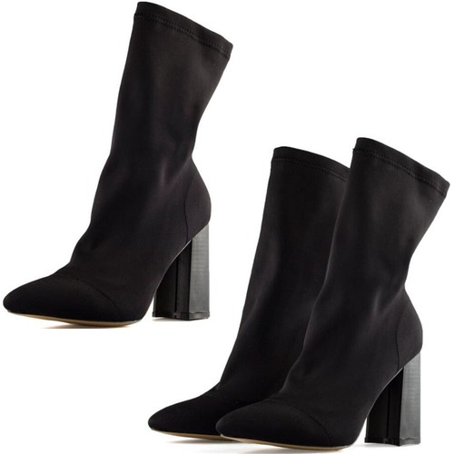 Women Ladies Ankle Boot Sock Fit Slip On Chunky Block Heel Lycra Smart Shoe Size