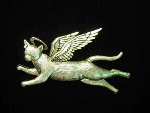 "JJ" Jonette Jewelry Antique Gold Pewter Winged Angel CAT Pin ~ CATS are Angels 