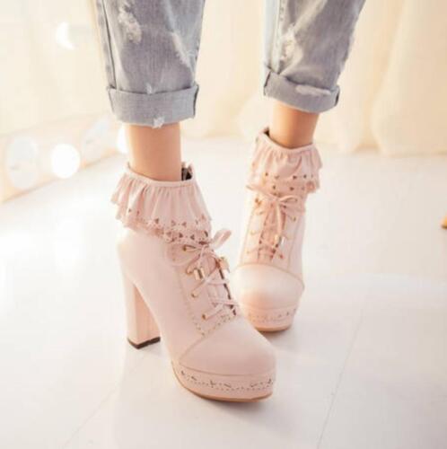 Women's Lolita Platform Lace Up Zip Block High Heels Ankle Boots Shoes @ 