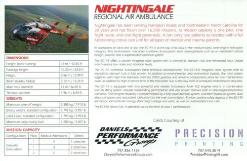 Helicopter Courtesy Card NOT Postcard Details about  / Nightingale Regional Air Ambulance VA