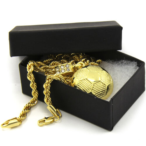 Mens 14K Gold Plated Soccer Ball Pendant Hip-Hop 4mm/24" Rope Chain Pendant 