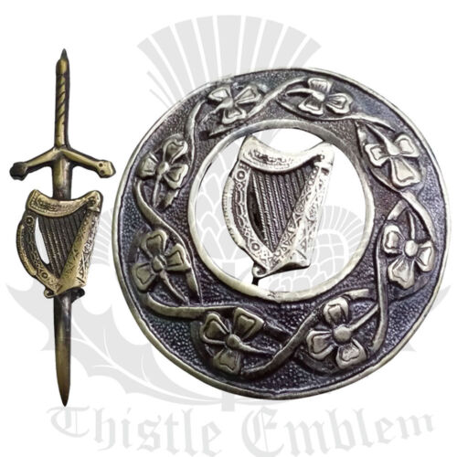 Écossais Kilt Mouche Plaid Broche Celtique Harpe Finition Antique 7.6cm