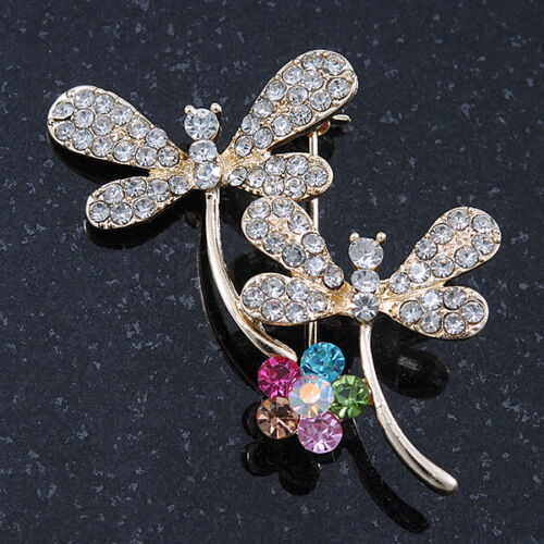 Double Diamante Butterfly Brooch In Gold Plating 45mm Length 