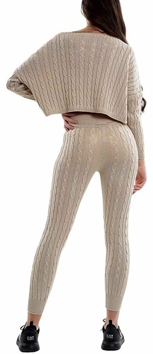 Ladies Womens Cable Knitted Crop Top Leggings Loungewear Tracksuit Set UK 8-14