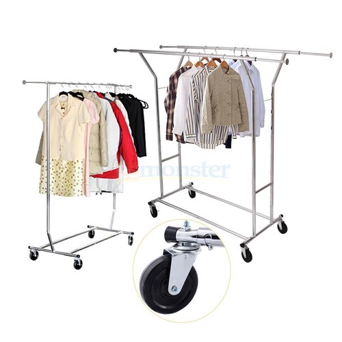 Heavy Duty Single//Double Rail Wheel Adjustable Garment Rack Shelf Clothes Hanger