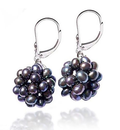 Fashion Handmade Natural Black Pearl Ball 925 Silver Leverback Dangle Earrings