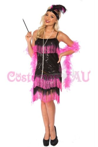 Deluxe Ladies 20s 1920s Charleston Flapper Black Pink Costume Fancy Dress AU