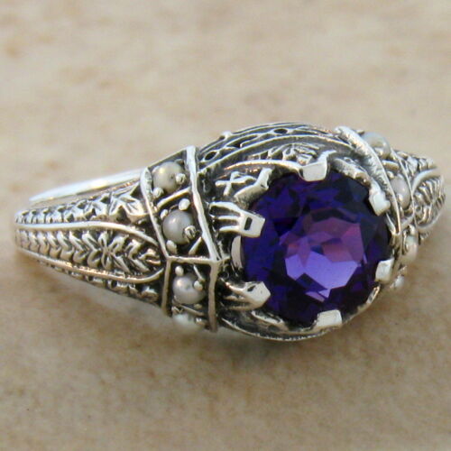 ANTIQUE VICTORIAN DESIGN HYDRO AMETHYST AND PEARL 925 SILVER RING SZ 8.75 #110 