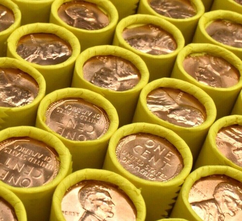 Old Lincoln Wheat Penny Roll with Vintage BU Penny on end Brilliant Uncirculated