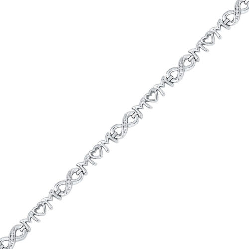 Sterling Silver Womens Round Diamond Mom Mother Heart Link Bracelet .03 Cttw 