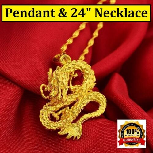 Vintage Dragon Pendant 18" 20" 24" 30" D559 24k Yellow Gold Link Chain Necklace