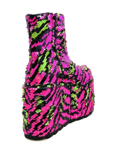 YRU Qomet Zebra Stripe Sequins Green Punk Gothic Rave Punk Platforms Boots Shoes
