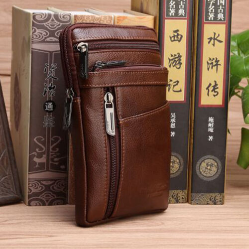 Men/'s Genuine Leather Cell Phone Small Shoulder Bag Fanny Waist Hook Belt Pack