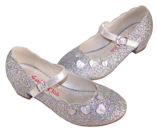 Girls Childrens Silver Glitter Sparkly Party Mary Jane Shoes Low Heeled Fashion 