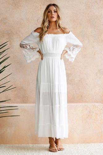Boho Womens Holiday Off Shoulder Lace Ladies White Casual Party Long Dress UK
