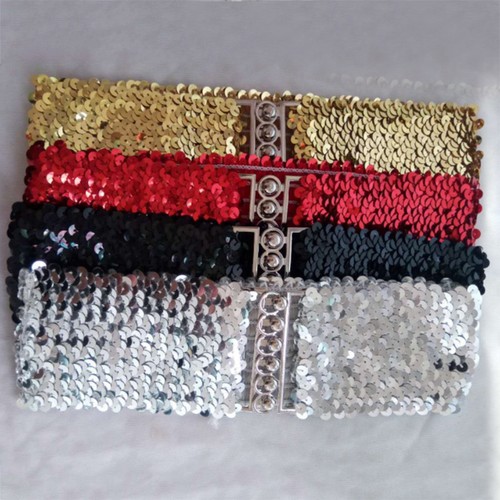 Fashion Women Shiny Sequins Elastic Stretch Waist Belt Wide Buckle Waistband UK