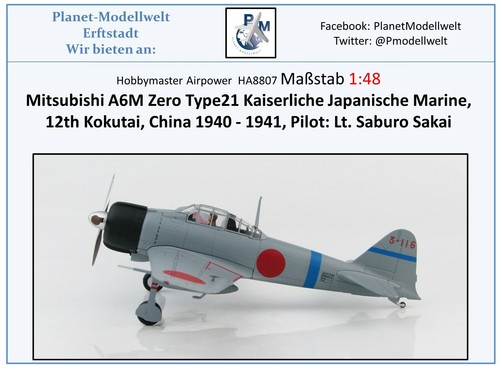 Sakai HA8807 A6M2 Zero Type 21 IJN,Pilot: S Hobbymaster 1:48,NEU/& China 1941