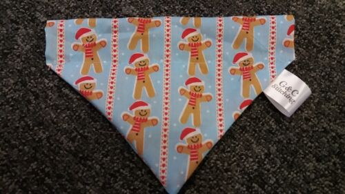 Red with gingerbread hearts in stripe  print Slide on dog bandanas size L