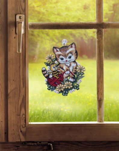 Saughaken Fensterbild aus Plauener Spitze  "Kätzchen mit Biene" inkl 