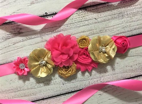 Hot Pink// Gold Maternity Sash Belt //Baby Showers Vintage Belt //Flower Girl Sash