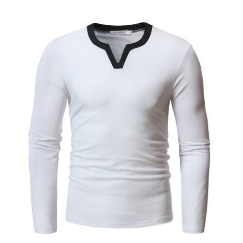 Mens Long sleeve V Neck Tees T-Shirt Plain Pullover Slim Fit Casual Occident B 