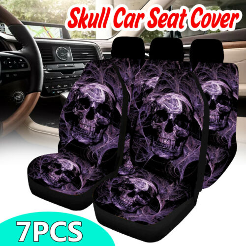 7Pcs Skeleton Skull Design Full Set Front Rear Car Auto Seat Covers Protector US
