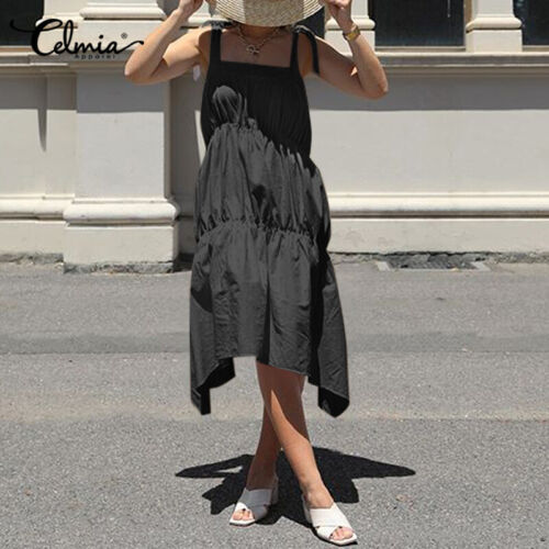 Women Strappy CaRuffle Swing Dress Summer Holiday Party Midi Dress Plus Size