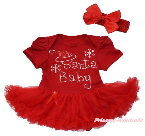 XMAS Rhinestone Santa Baby One Piece Bodysuit Red Pettiskirt Girl Dress NB-18M