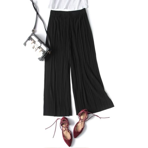 Women/'s Solid Loose Wide Leg Pleated Culottes Trousers Office Long Chiffon Pants
