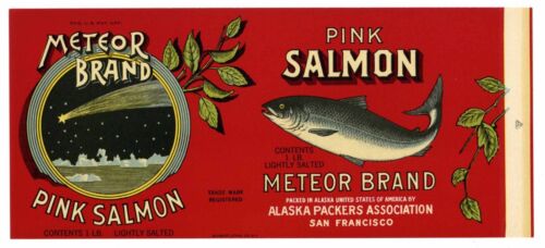 METEOR Vintage Alaska Packers Salmon *AN ORIGINAL 1930’s TIN CAN LABEL* 