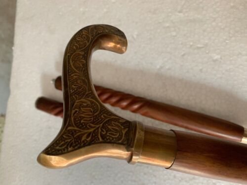 Brass Handle Wood Victorian Walking Stick Cane Vintage Spiral Carved 37" Gift 