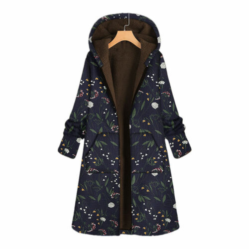 Womens Winter Warm Floral Fleece Midi Hooded Long Jacket Coat Outwear Plus Size