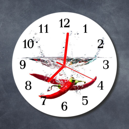 Echt-Glas Uhr Wanduhr Rund Küche 30 cm Deko Chilischoten rot