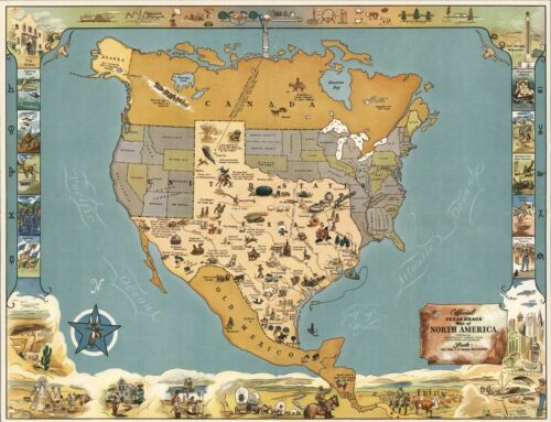 1948 pictorial map Official Texas Brags Map of North America POSTER 8826002